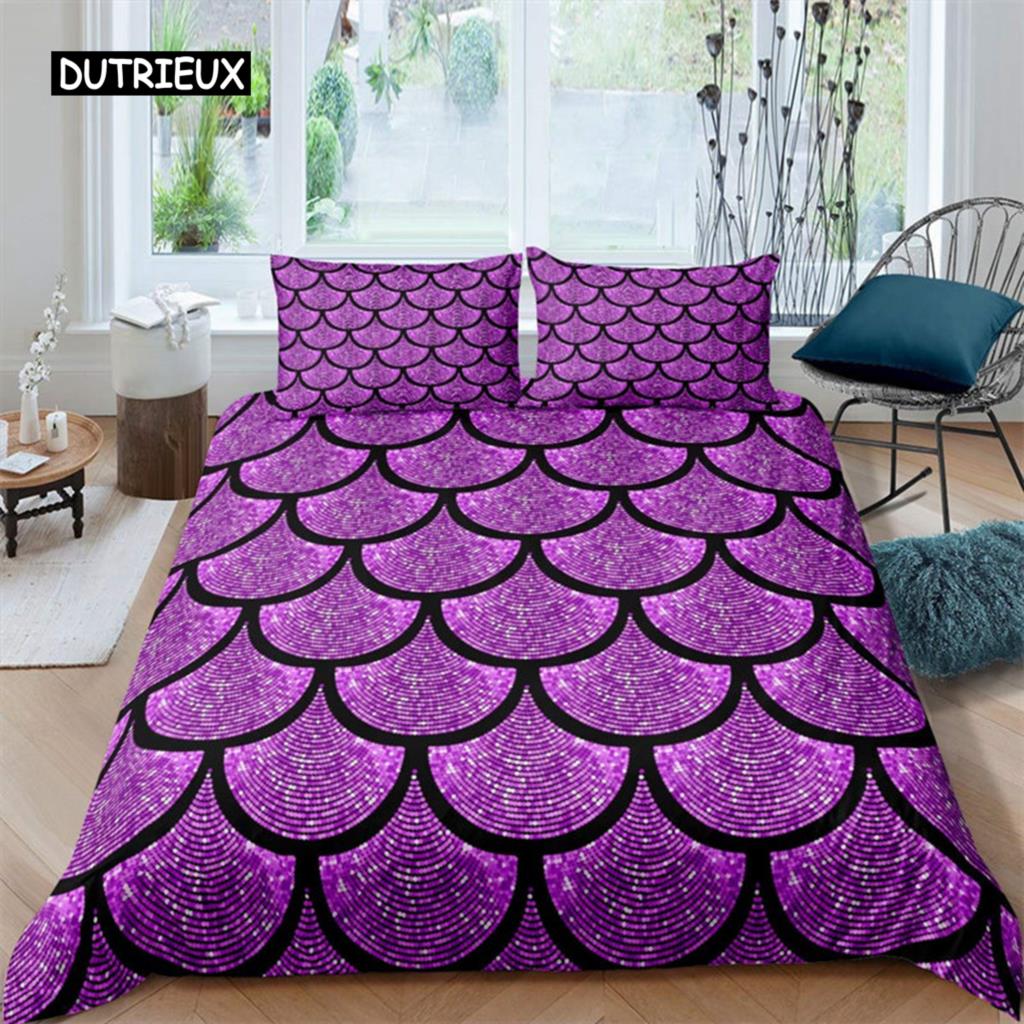 Färgglatt påslakan med sjöjungfruskal, tryck med fiskfjäll, sängklädesset King Full för barn pojkar flickor, havstema, täcköverdrag