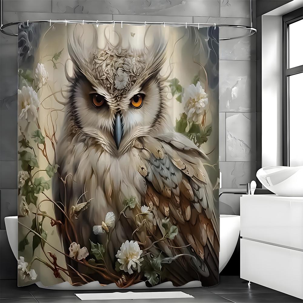 Owl and Floral Shower Curtain, Bathroom Decorative Shower Curtain, Waterproof Shower Curtain with Hooks