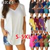 QICED Women's Fashion Casual Solid Color Print Short Sleeve V Neck Blouses & Shirts