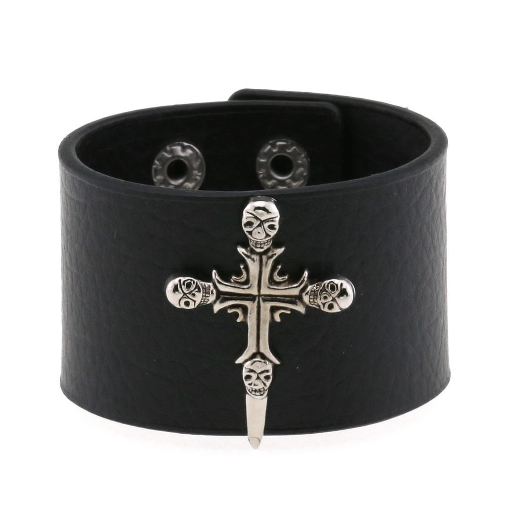 Personality Non Mainstream Skull Wide Bracelet Punk Gothic Leather Cross Bangle 21.5cm&Cross чёрный