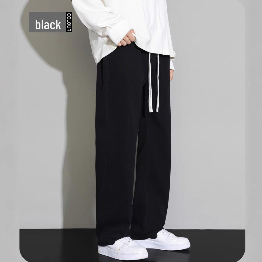 

Men s Retro Casual Velvet-Lined Wide-Leg Jeans - Loose Fit, Drawstring, Trendy All-Match Pants 3XL чёрный