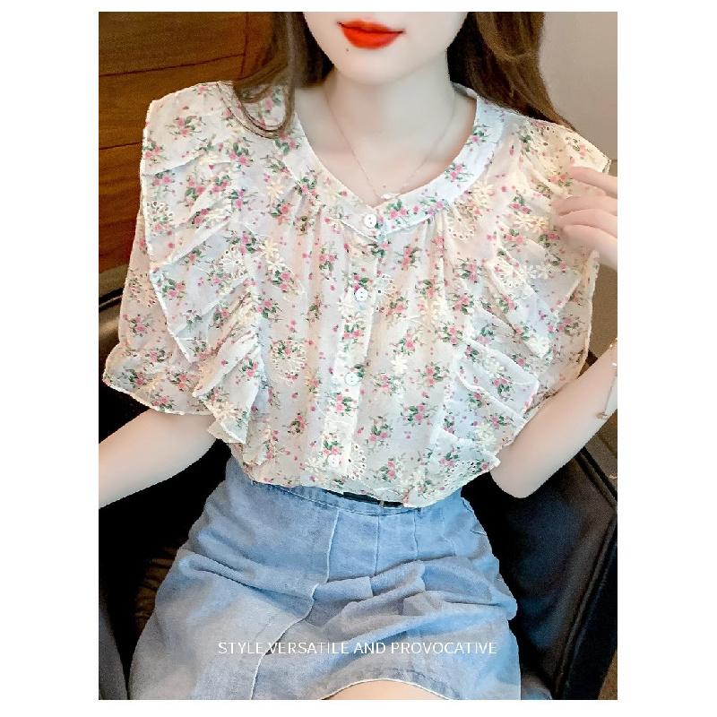 Ruffled floral chiffon blouse for women, summer 2026, sweet and elegant short-sleeved casual top