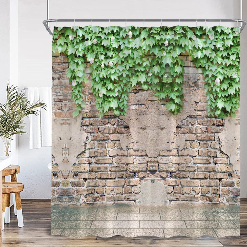 Green Vines Brick Wall Shower Curtain Pink Flowers European Garden Arch Door Bathroom Decorations Vintage Bath Curtain with Hook