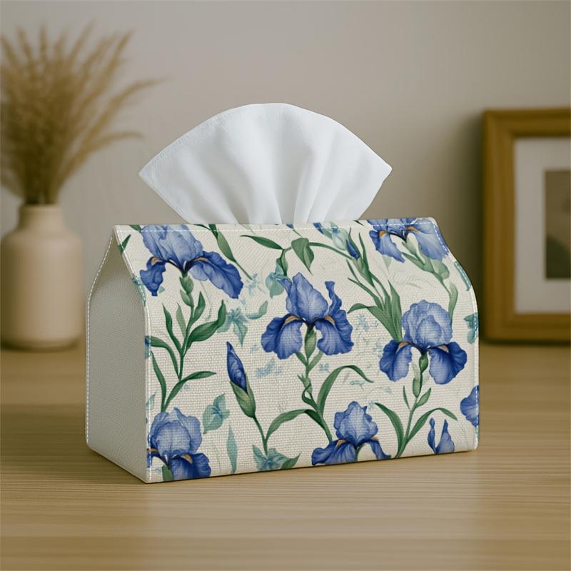 1pc Vintage Aesthetic Iris Tissue Box Cover,Blue Floral White Botanical High-Quality,Waterproof,Durable,Lightweight,Foldable Storage,Ideal for Living