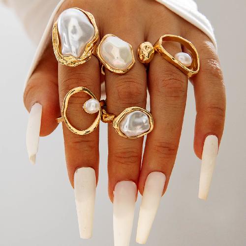 Design Geometric Baroque Pearl Ring Alloy Flower Dripping Branch Ring Set