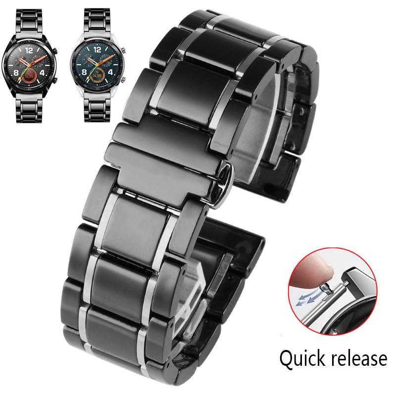

20mm 22mm luxury ceramic and stainless steel black gold strap for Samsung s2 3 4 Huawei GT watch strap bracelet wristband belt 22mm