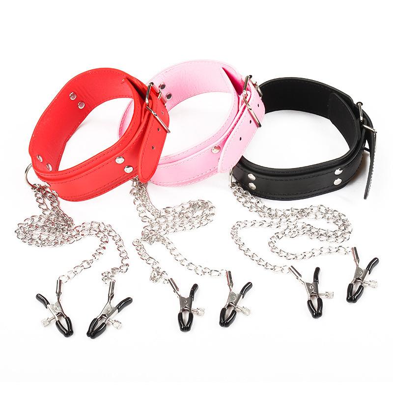 Sexy Leather Choker Collar With Nipple Clamp Breast Clip Chain SM Bondage Couple SM Sex Toys For Woman Erotic Tools Adult Games