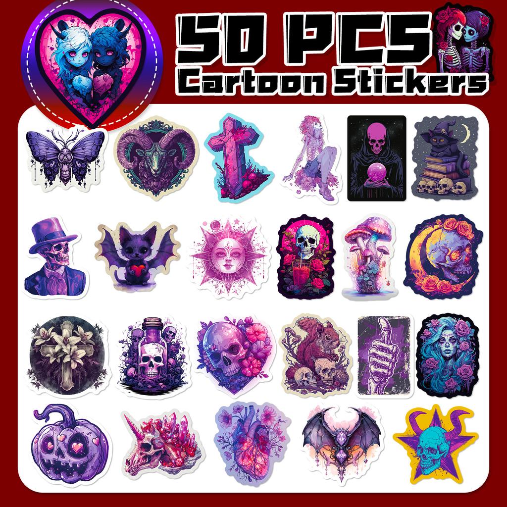50 Gothic Stickers Cartoon Handbook Personality Horror Purple Skull Halloween Thriller Decorative Stickers