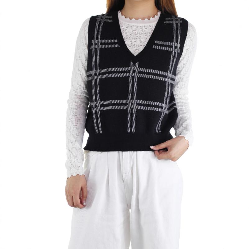 Women's Fashion Knit Sweater Vest Autumn Winter New Style Outer Wear Inner Wear Sleeveless Gilet Striped Plaid V Neck Top
