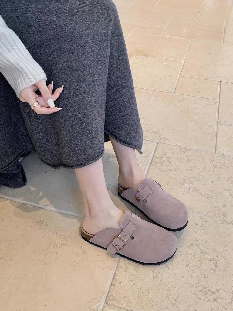 Cowhide version~ Grape mother men and women with the same leather cork Boken lazy people wear h sandals couple half drag Birken shoes