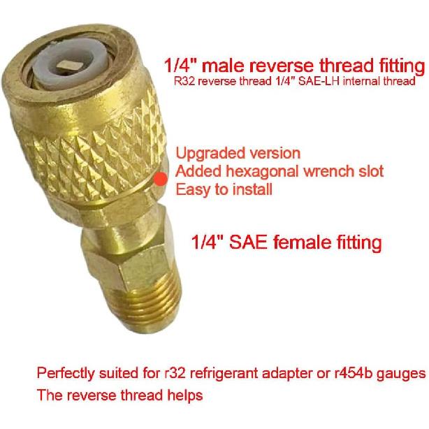 R32 R454B Refrigerant Brass Adapter with Hex Wrench Slot, 1/4" Female to 1/4" Male Reverse Thread Fitting for R32/R454B Mini Split Systems, Vacuum