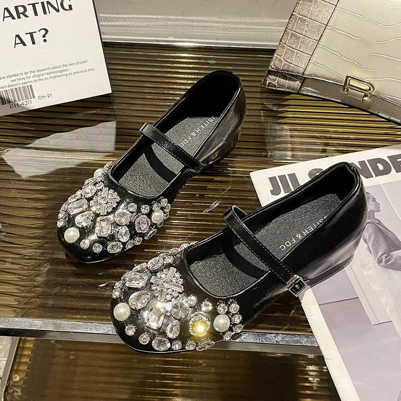 French Fairy Style Silver Bright Diamond Mary Jane Shoes Female Spring and Autumn 2025 New with Skirt Flat Heel Shoes