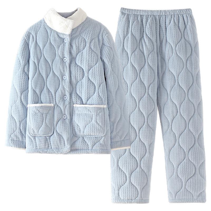 Pajamas Women'S Winter Coral Fleece Three-Layer Padded Cotton, Thickened And Velvet Winter Thermal Padded Jacket Can Be Worn Outside Loungewear Set