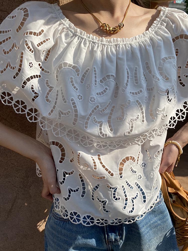 

Southern France One-Shoulder Embroidered Blouse - Summer Hollow-Out Top Medium