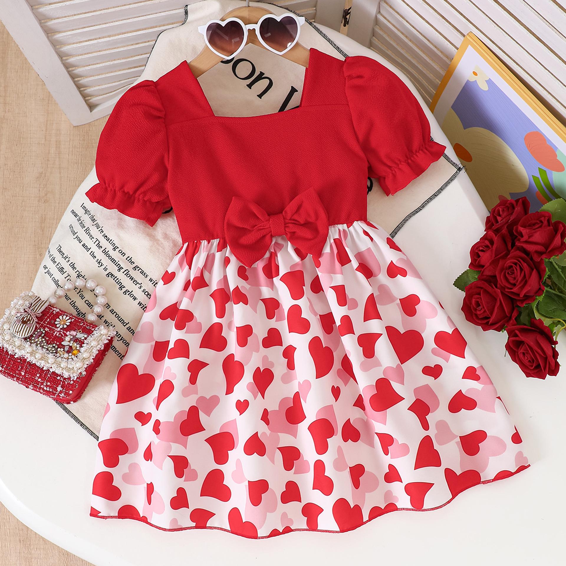 

Valentine s Day Puff Sleeve Heart Print Dress for Toddler Girls 5Y красный