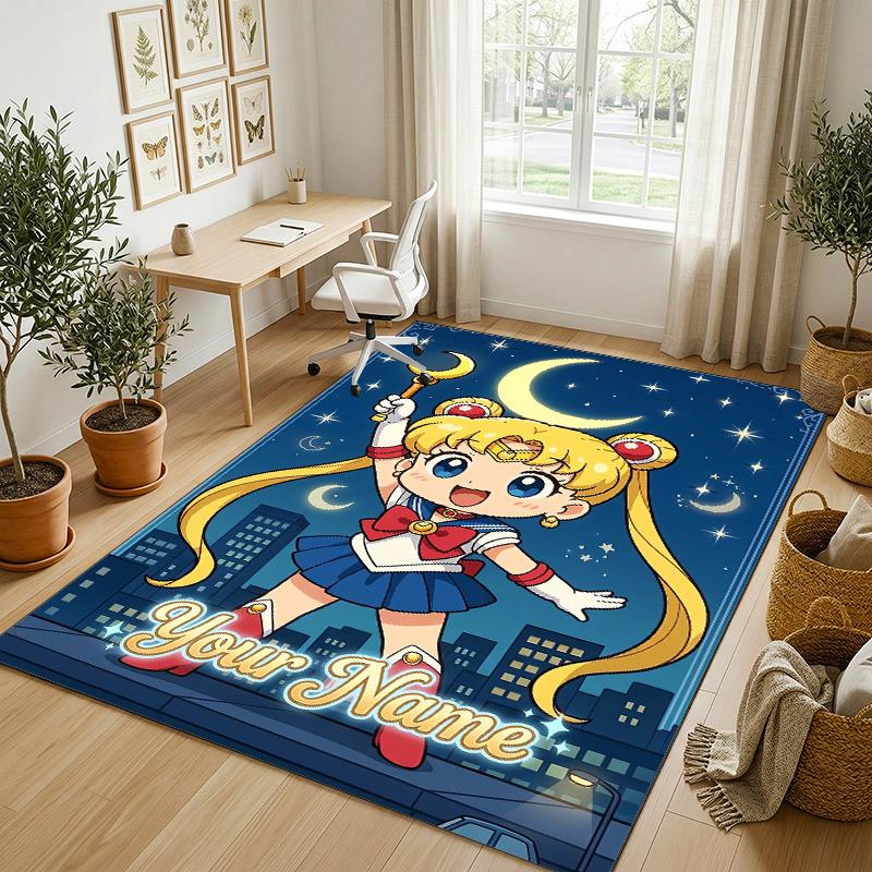 Personalized Crystal Velvet Carpet,Sailor Moon Custom Printed Name, Plush Area Rug For Home Indoor Decor