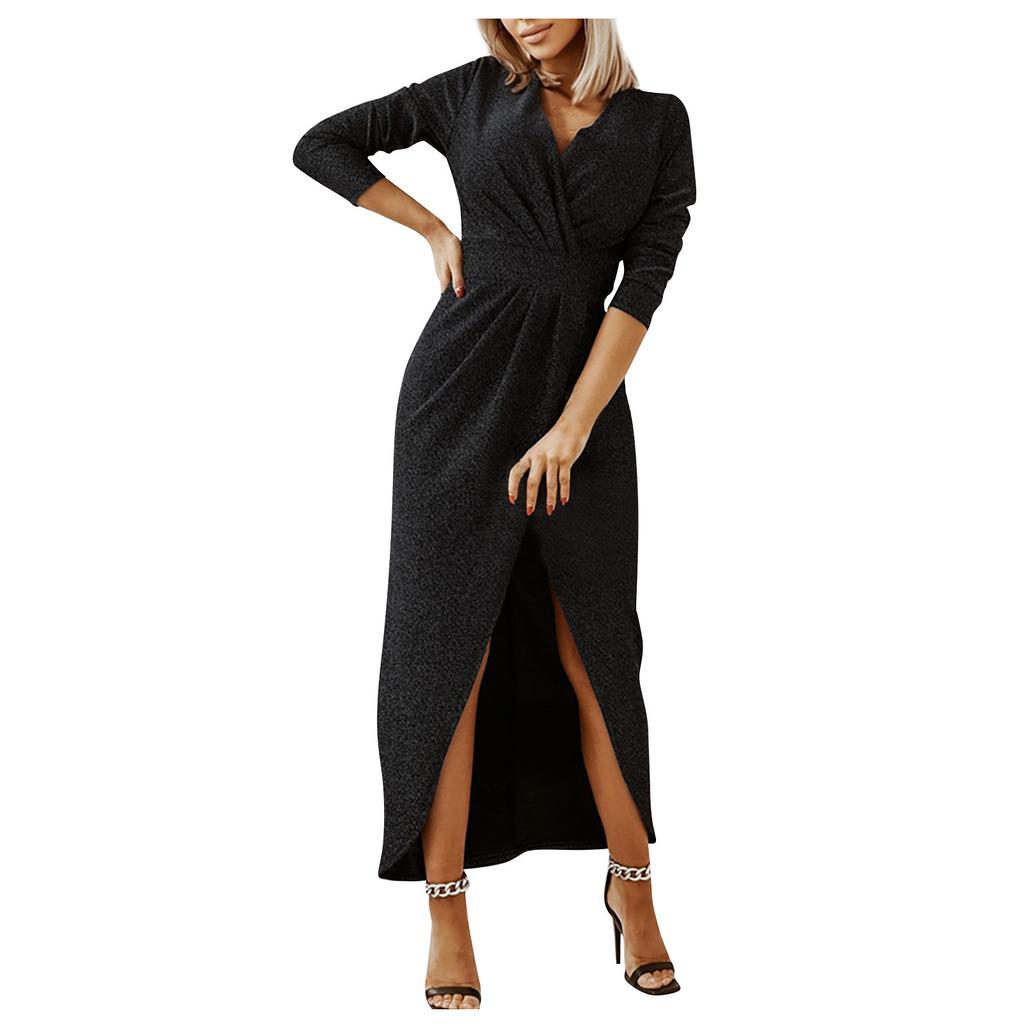 Women's Color Sexy V-Neck Dress Dress Long Sleeve Slit Waist Dress