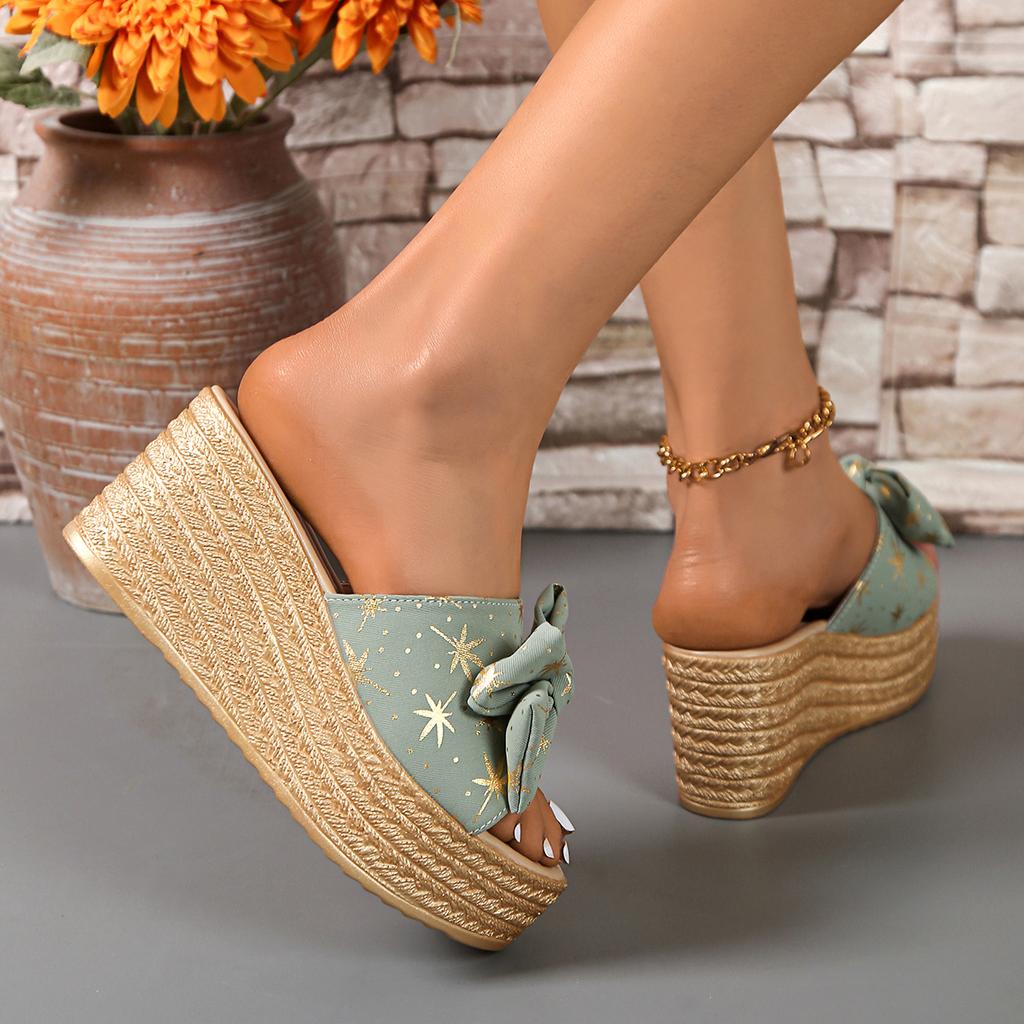 Fashion New Summer Women's Bowknot Decor Wedge Sandals Fashion Maple Leaf Printed Chunky Platform Slippers Woman Thick Sole Beach Slides