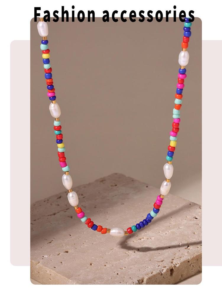 Bohemian Multi-Color Beaded Necklace with Glass Stones and Freshwater Pearls for Women