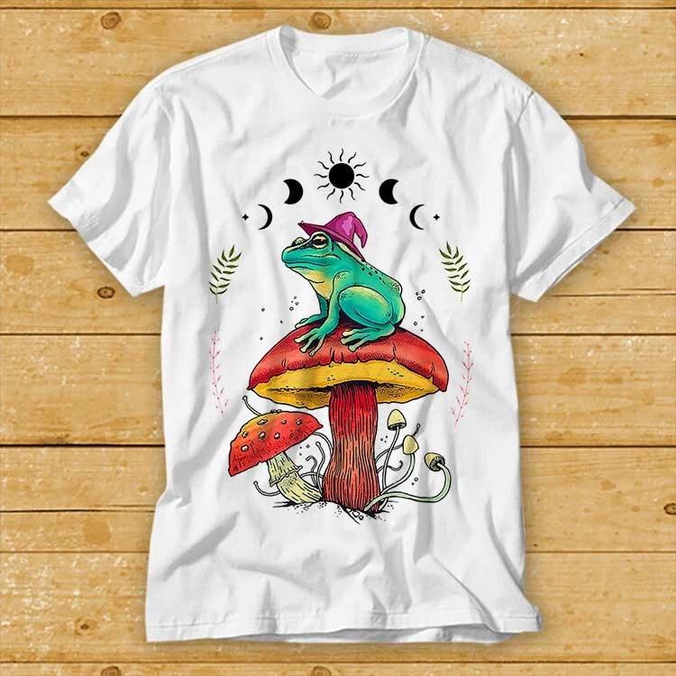 Frog Wizard On Mushroom Phase Of Moon Indie Pop Unisex Retro 80s T Shirt 2422