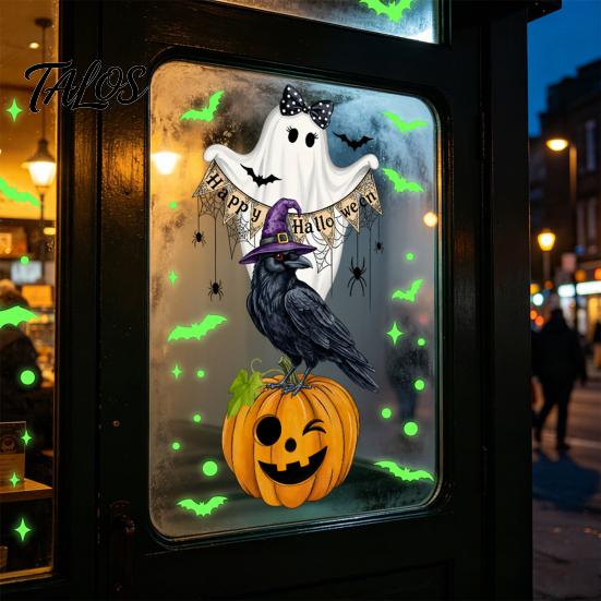 Talos Halloween Glow-in-the-Dark Window Cling, Spooky Ghost Skeleton Glass Sticker, Waterproof Static Decal for Holiday Party