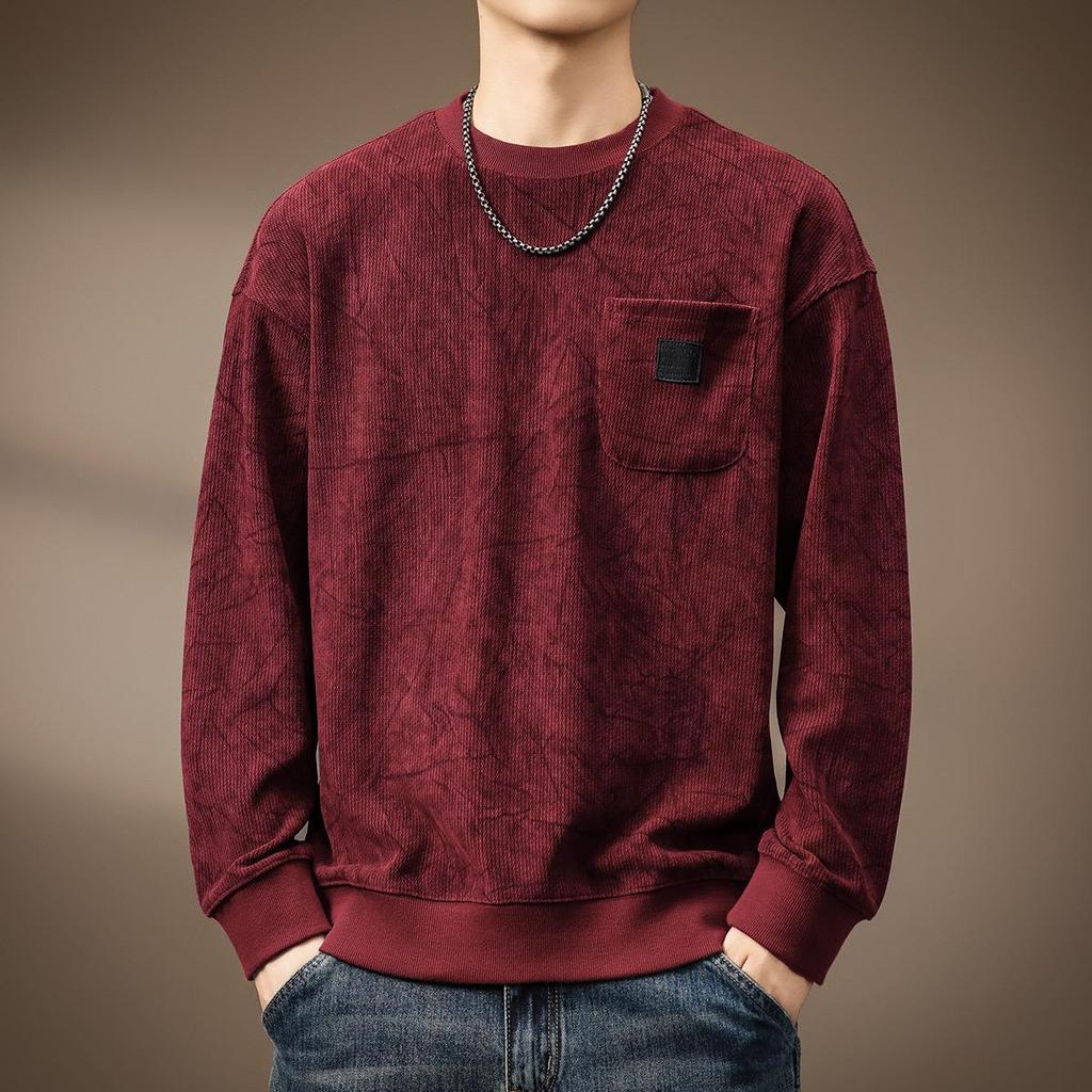 Men's Heavyweight Wool Hoodie - Spring/Autumn Round Neck, Loose Long Sleeve T-shirt, Printed Casual Base Layer