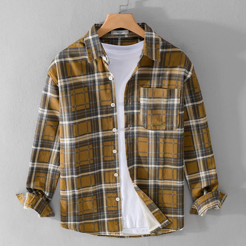 Japanese Style Long Sleeve Plaid Shirt Men Spring Fall Daily Men's Casual Shirt Pocket Turn-down Collar 100Cotton Button Shirt
