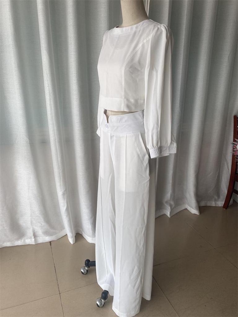 2024 Women's Fashion Two-Piece Set: Long-Sleeve Top & High-Waisted Wide-Leg Pants