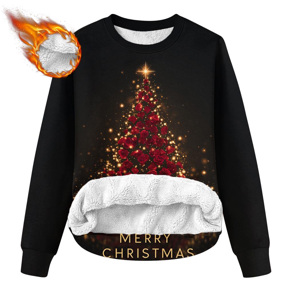 Women's Casual Fashion Round Neck Plus Velvet Thickened Christmas Print Sweatshirt