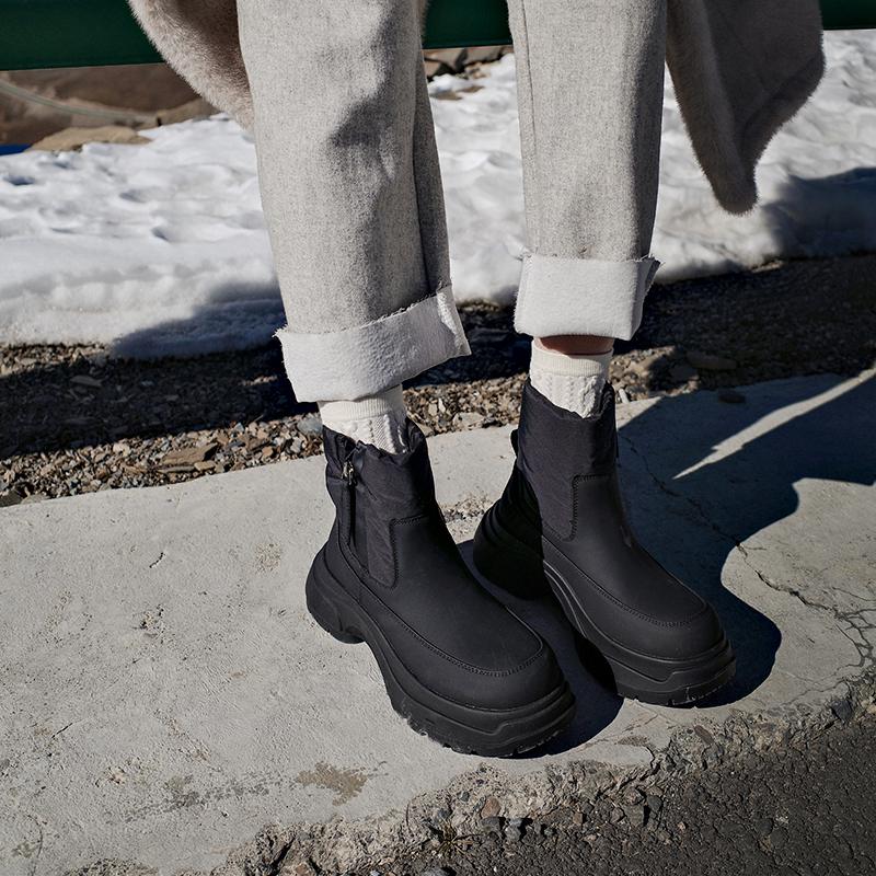 Krazing Pot Cow Leather Wool Blend Winter Round Toe Platform Snow Boots Zipper Women Casual Keep Warm Ankle Boots