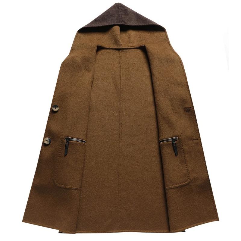 Pánský zimní kabát, vlněný trenčkot, luxusní dlouhá bunda s kapucí, ležérní elegantní zahušťovací svrchní oblečení, vlněná větrovka