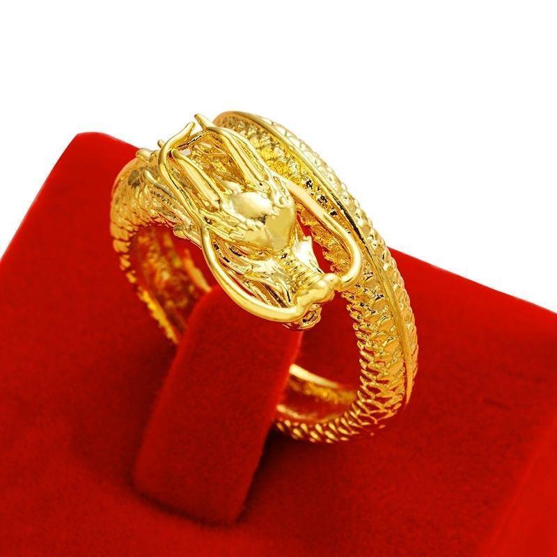 Vietnamese Sand Gold Men's Copper Gold-Plated Ring with Jade Fortune Design