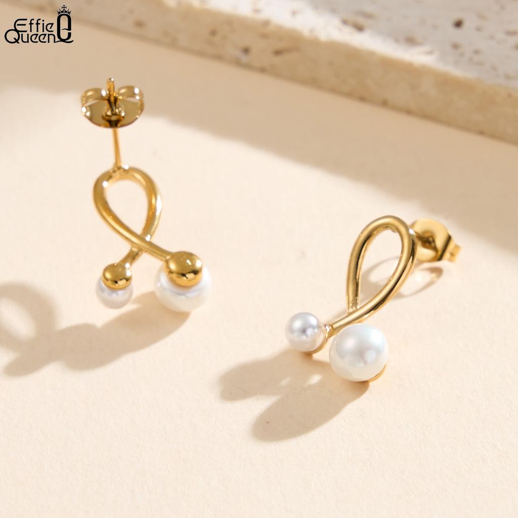 Effie Queen Stainless Steel 18k Gold Pearl Twist Style Stud Earrings Simple Jewelry for Women, Men Wedding Party Banquet STPE02