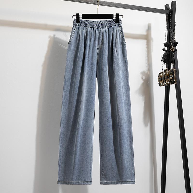 

DIMANAF 2026 Summer New Plus Size Women Long Pants Thin Loose Casual Elastic Waist Fashion Lady Bottoms Clothing Jeans Blue L светло-синий