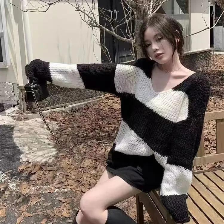 Men's Tops, Loose Knitwear, Western Style, Lazy Style, Spring and Autumn Thin Striped Sweaters, Women's Summer