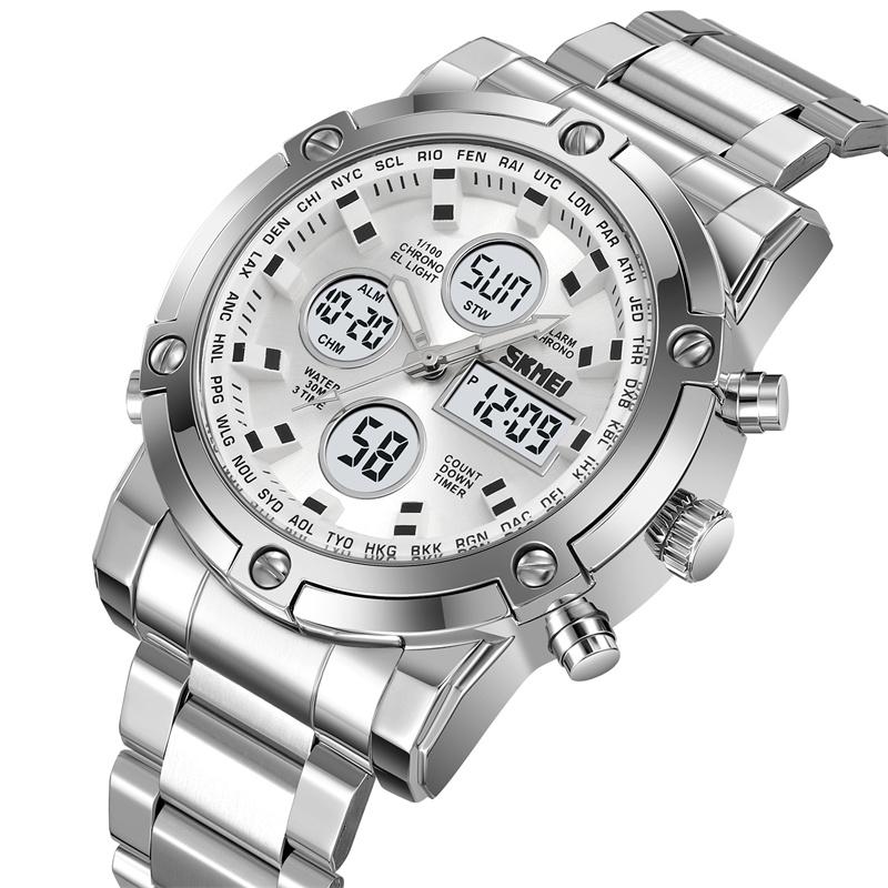 Skmei Military Sports Watches for Mens Analog Digital Display LED Waterproof Chronograph Three Time Zones Quartz Calendar Watch