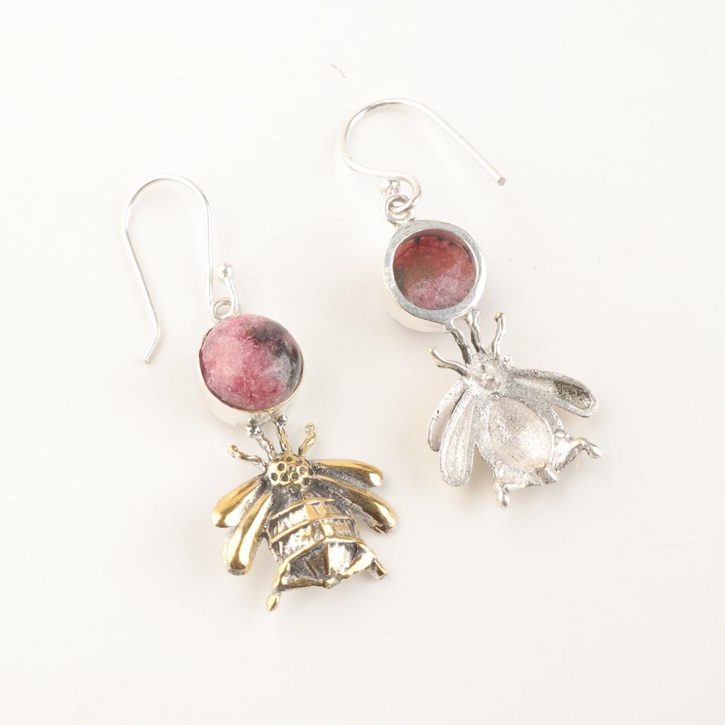 Natürlicher schwarzer Rhodonit Edelstein 925 Sterlingsilber Handgefertigte Hängeohrringe 2" EE-154-33