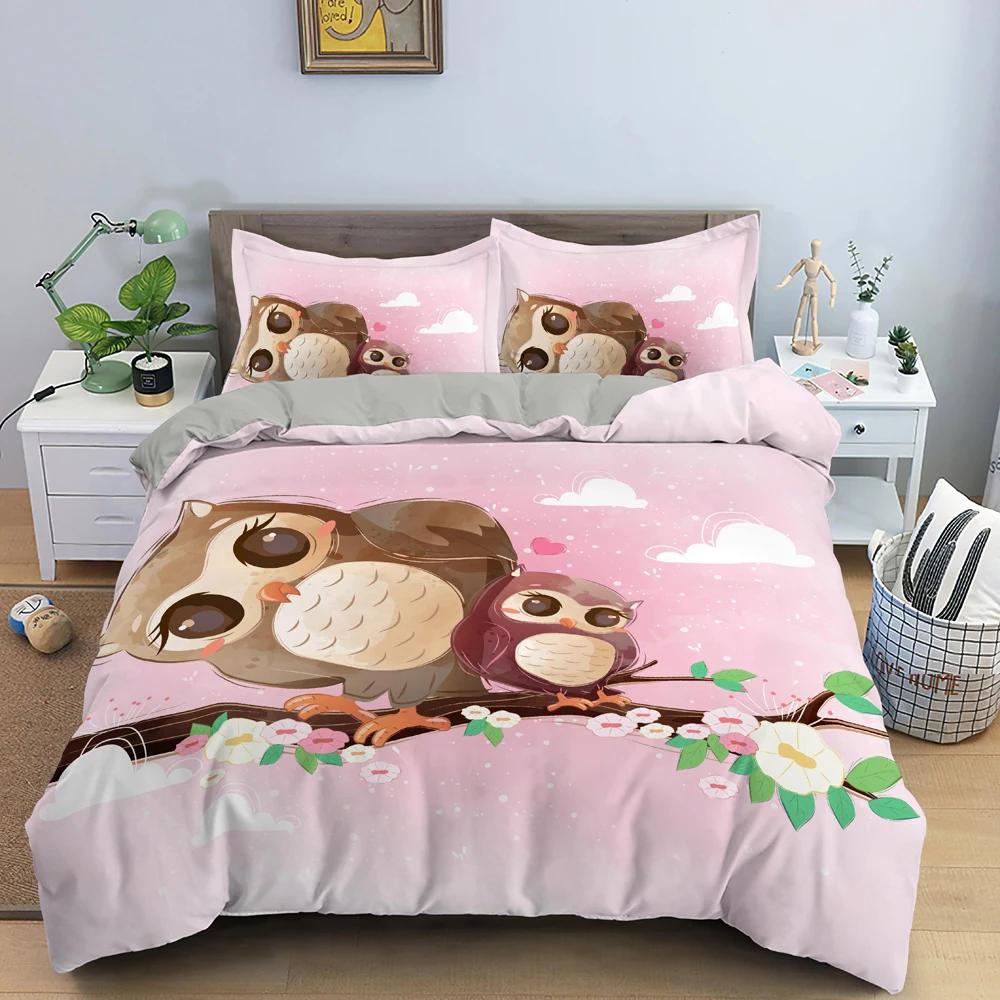 Cartoon Owl Duvet Cover Cute Night Animal For Kids Boys Girls Gifts Owl And Koala Tribal Feather Style Green Bedroom Decorations