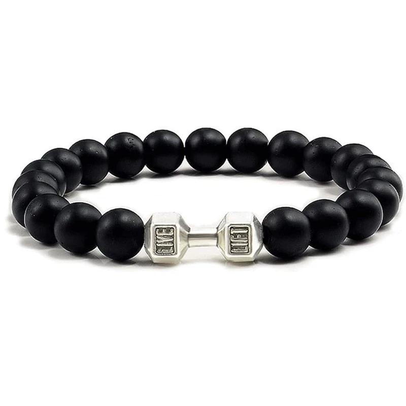 Hot Selling Vintage Men's Bangle Natural Stone Bead Dumbbell Pendant Elastic Strand Bracelet for Friend's Gift