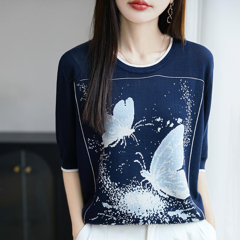 

Летняя блузка нового стиля, тонкая с рукавом три четверти, женский вязаный кардиган с жаккардовым узором XL