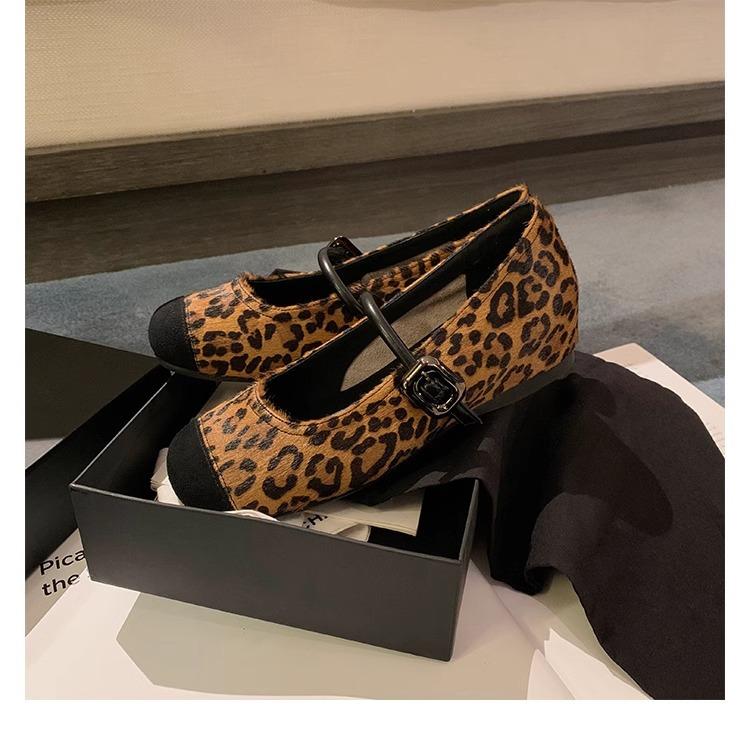 Spot Sheepskin Version~ Versatile Commuter Temperament Round Head with Retro Leopard Print Inner Height Increase Mary Jane Single Shoes Ol