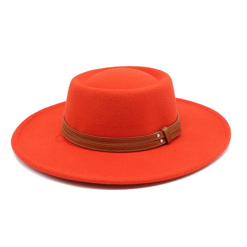 French Double Belt Buckle White Woolen Hat Flat Top Top Hat Female British Retro Style Wide Brim Felt Hat
