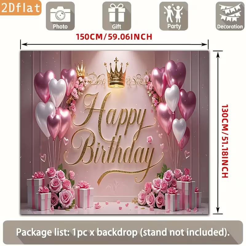 

2D Pink Gold Princess Birthday Backdrop Banner Crown Balloon Flower Party Decor Background 47.2x31.5inch/120*80cm