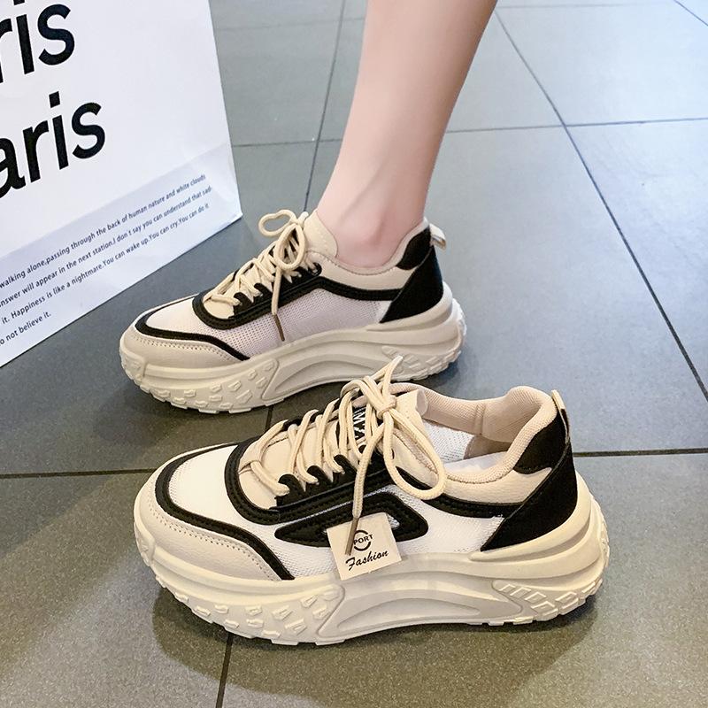 Korean version of women's shoes 2025 new spring and summer dad shoes versatile thick sole inner height increase mesh breathable high top white shoes