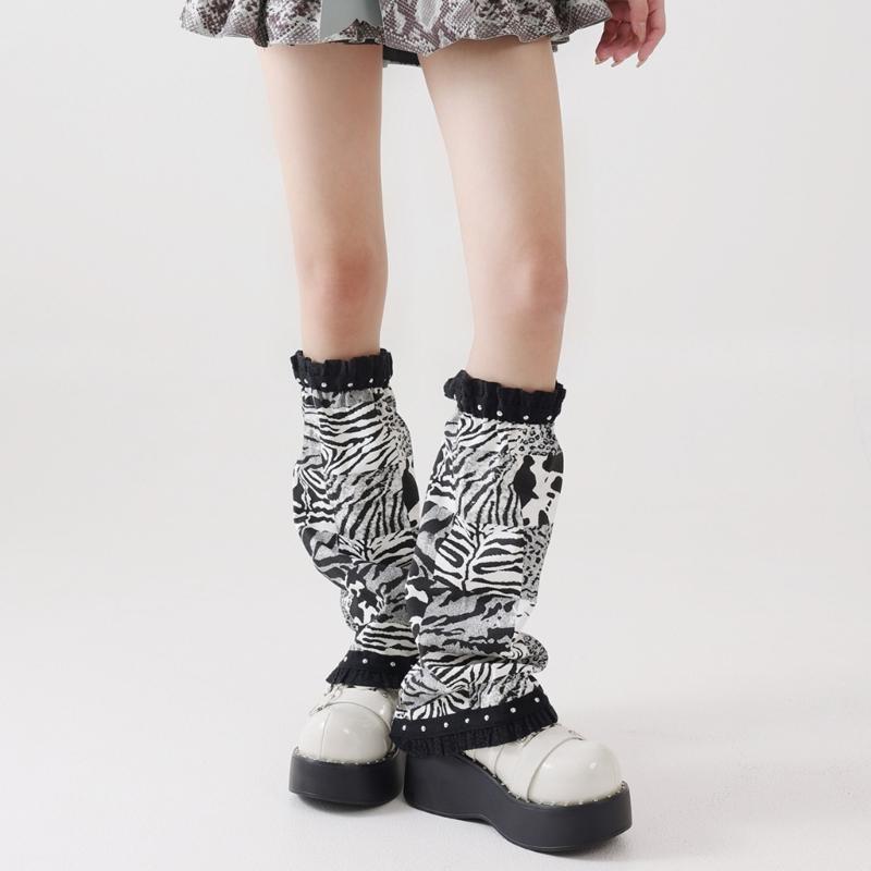 Punk Ruffled Trim Leg Warmers Subcultures Leopard Print Patchwork Denims Leg Cover Baggy Loose Flared Socks for Women