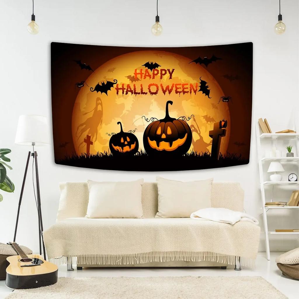 Happy Halloween Decorative Tapestry Bat Pumpkin Print Wall Hanging Carpet Party Background Fabric Home Room Decoration