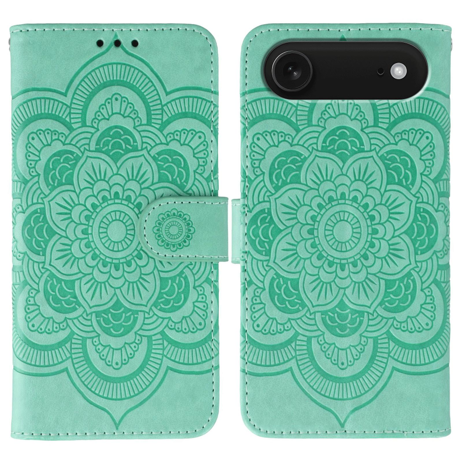 

For iPhone 17 Air Case PU Leather Mandala Imprinted Design Wallet Phone Cover with Wrist Strap Green