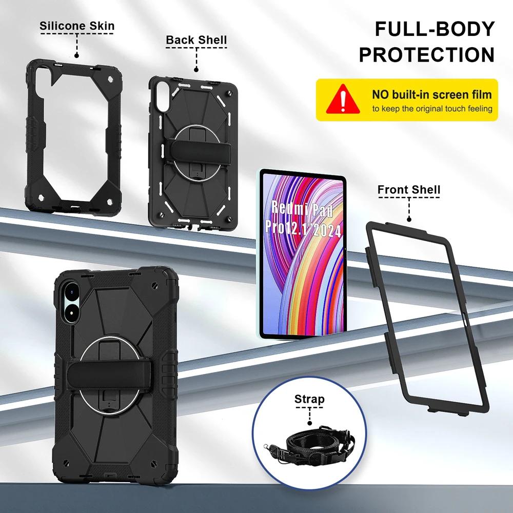 For Xiaomi Redmi Pad Pro 2024 5G 12.1 inch Case Kids Safe Silicon PC Shoulder Strap Shockproof Armor Stand Tablet Cover