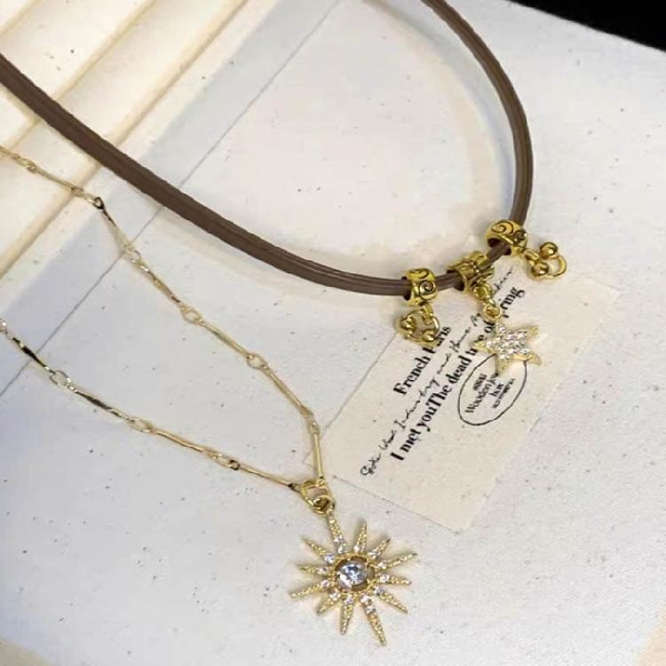 Metal Chain Necklace with Sunflower and Star Pendants Clavicle Choker for Women