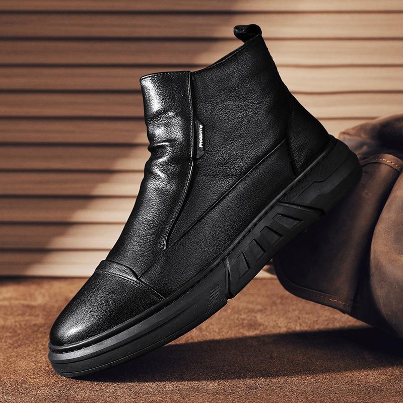 

Мужская обувь весна 2025 года, новая кожаная поверхность, водонепроницаемая и износостойкая, боковая молния, черные модные туфли, мужская повседневная обувь с высоким берцем и мягкой подошвой 44 чёрный